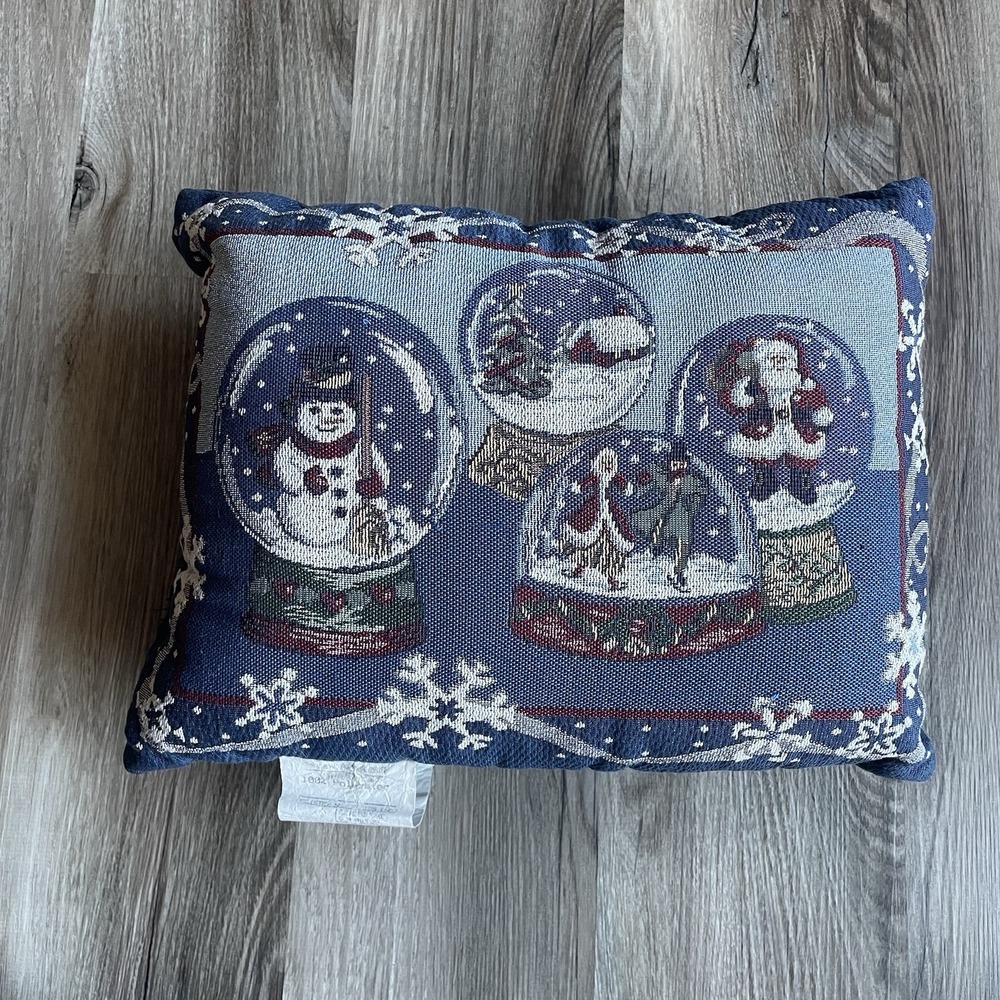 Vintage Christmas Tapestry Throw Pillow Couch Snowman Winter Snow Globe 14"x11"‎